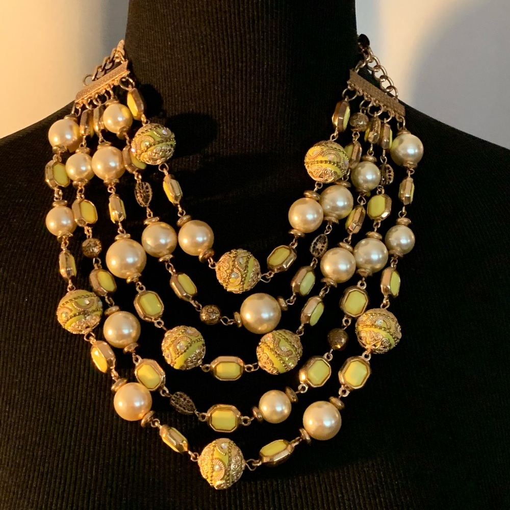 Gorgeous, Chunky, Yellow and Gold 5 tier Statement Necklace.